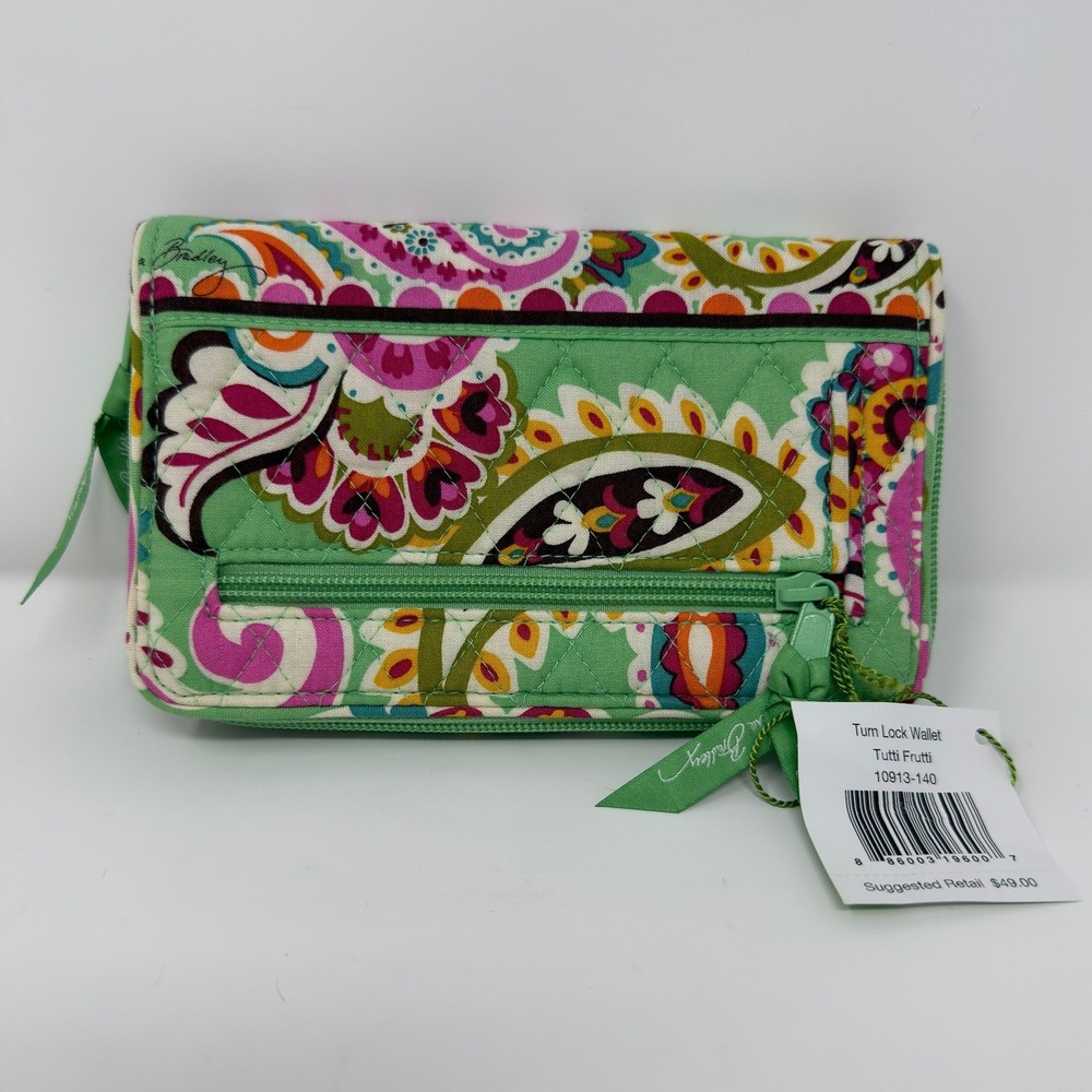 Vera Bradley Tutti Frutti Turn Lock Wallet Quilted Paisley Green Pink NWT